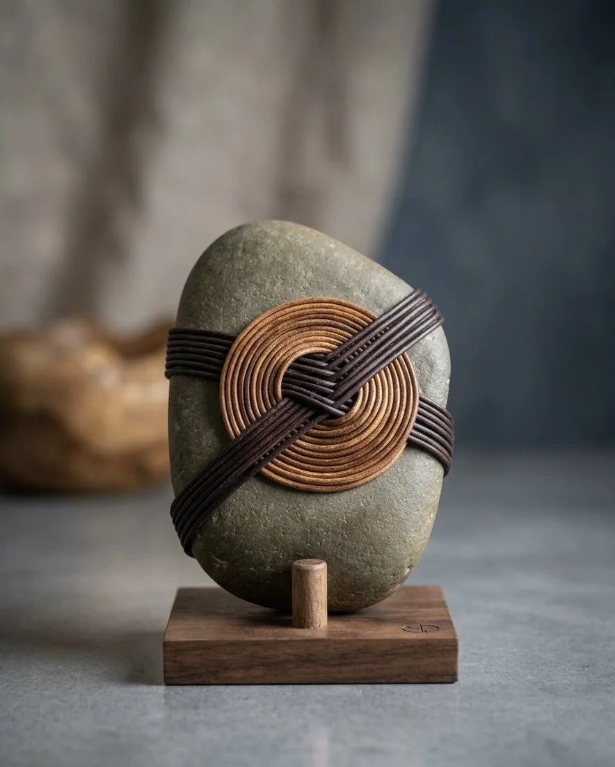 Decorative stone with intricate wire wrap on a wooden base.