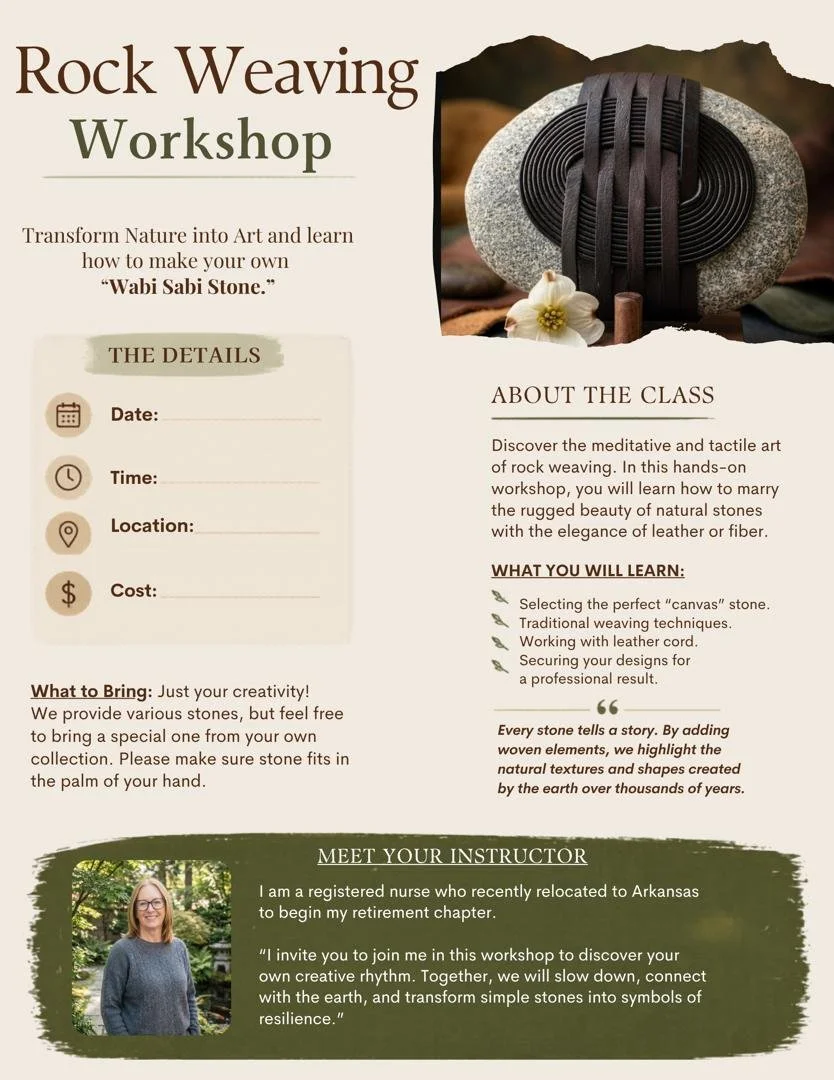Flyer for a rock weaving workshop featuring a stone with woven leather straps, flowers, and informational text about the class, instructor, and details.