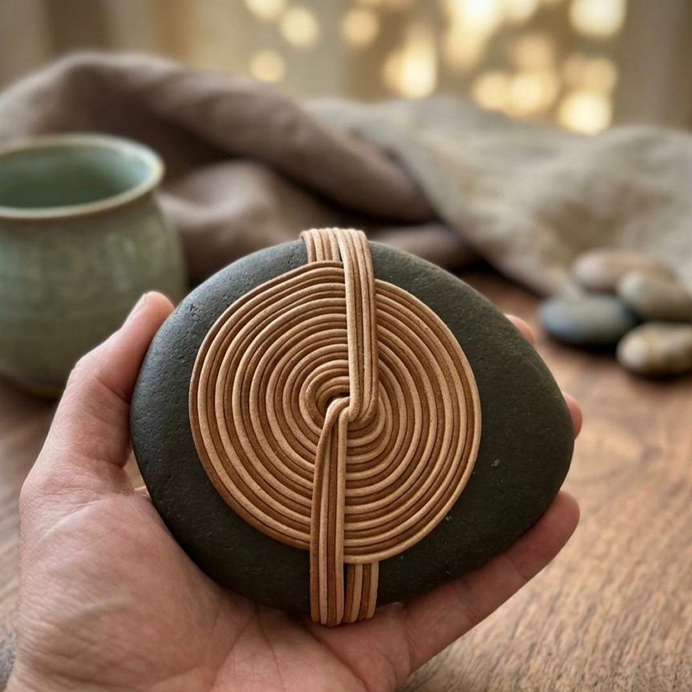 A hand holding a smooth black stone wrapped with a spiral-shaped wooden spiral design.