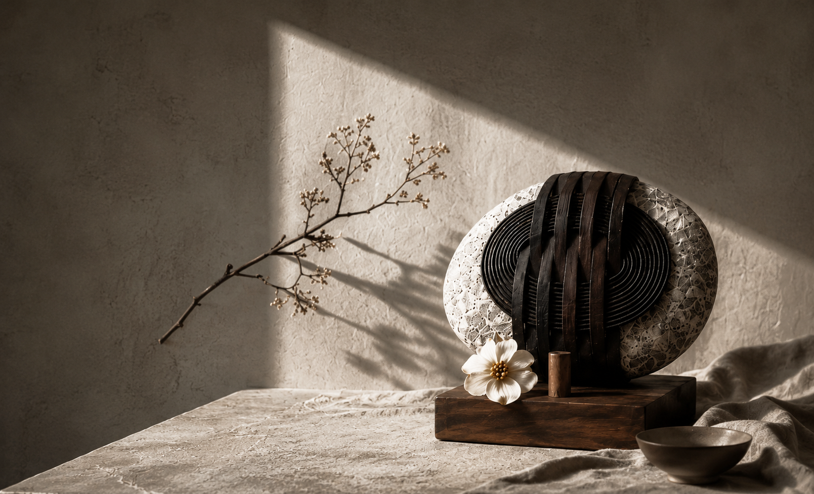 Decorative table arrangement with a round, textured ceramic vase wrapped with dark wooden bands, a white flower, a small copper cylindrical object, a branch with tiny buds casting a shadow, a small bowl, and a light-colored draped cloth on a table, illuminated by natural light creating soft shadows.