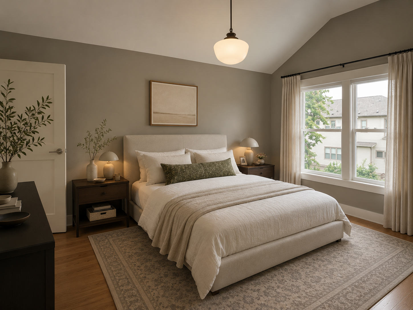 A cozy bedroom with a neutral color palette, featuring a large bed with white bedding and green accent pillow, two nightstands with lamps, and a window with beige curtains overlooking neighboring houses and trees.
