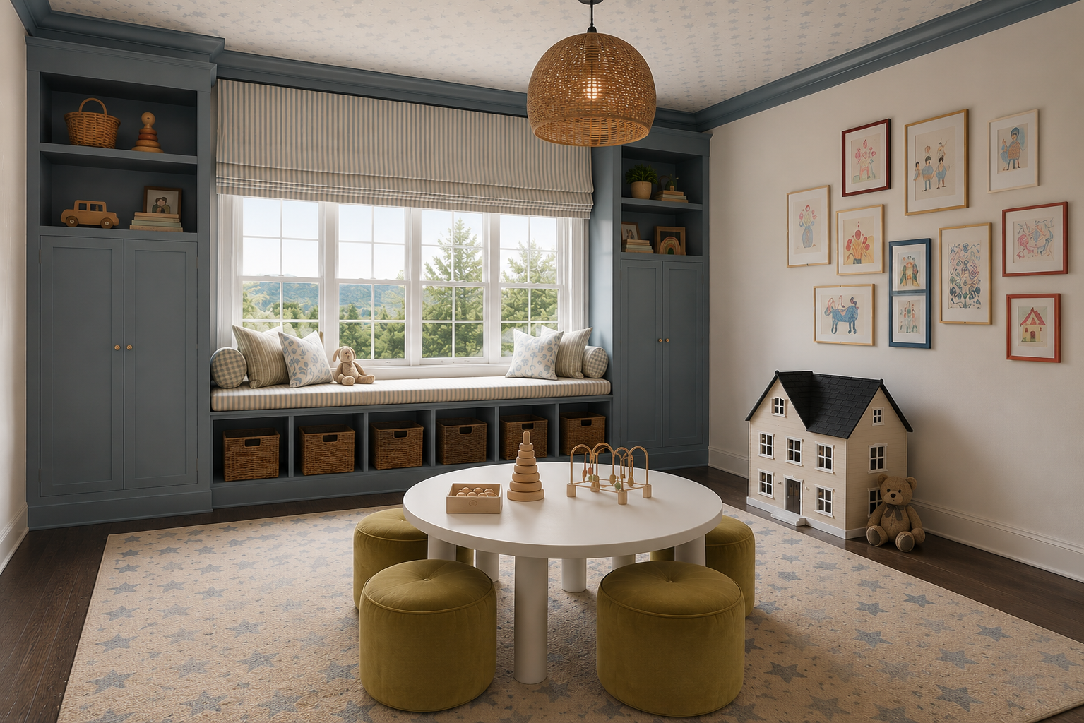 Children's playroom with a window seat, blue built-in cabinets, a round white table surrounded by four green velvet stools, and wall art showing whimsical animal and house illustrations. There are toys on the table, teddy bears on the window seat, and a dollhouse in the corner.