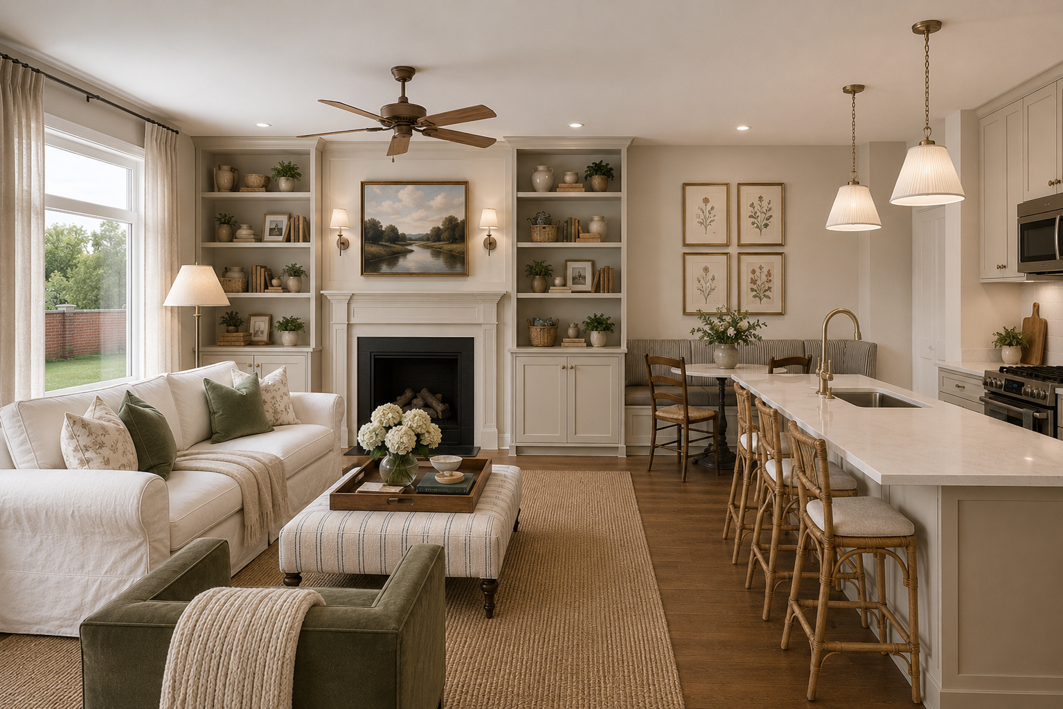 Living room with a white sofa, green and floral pillows, a striped ottoman with a tray of flowers, and built-in shelves with decorative items. There's a fireplace with a landscape painting above, a ceiling fan, and a large window with curtains. The kitchen island has bar stools, a sink, and pendant lights, with a dining nook to the side.