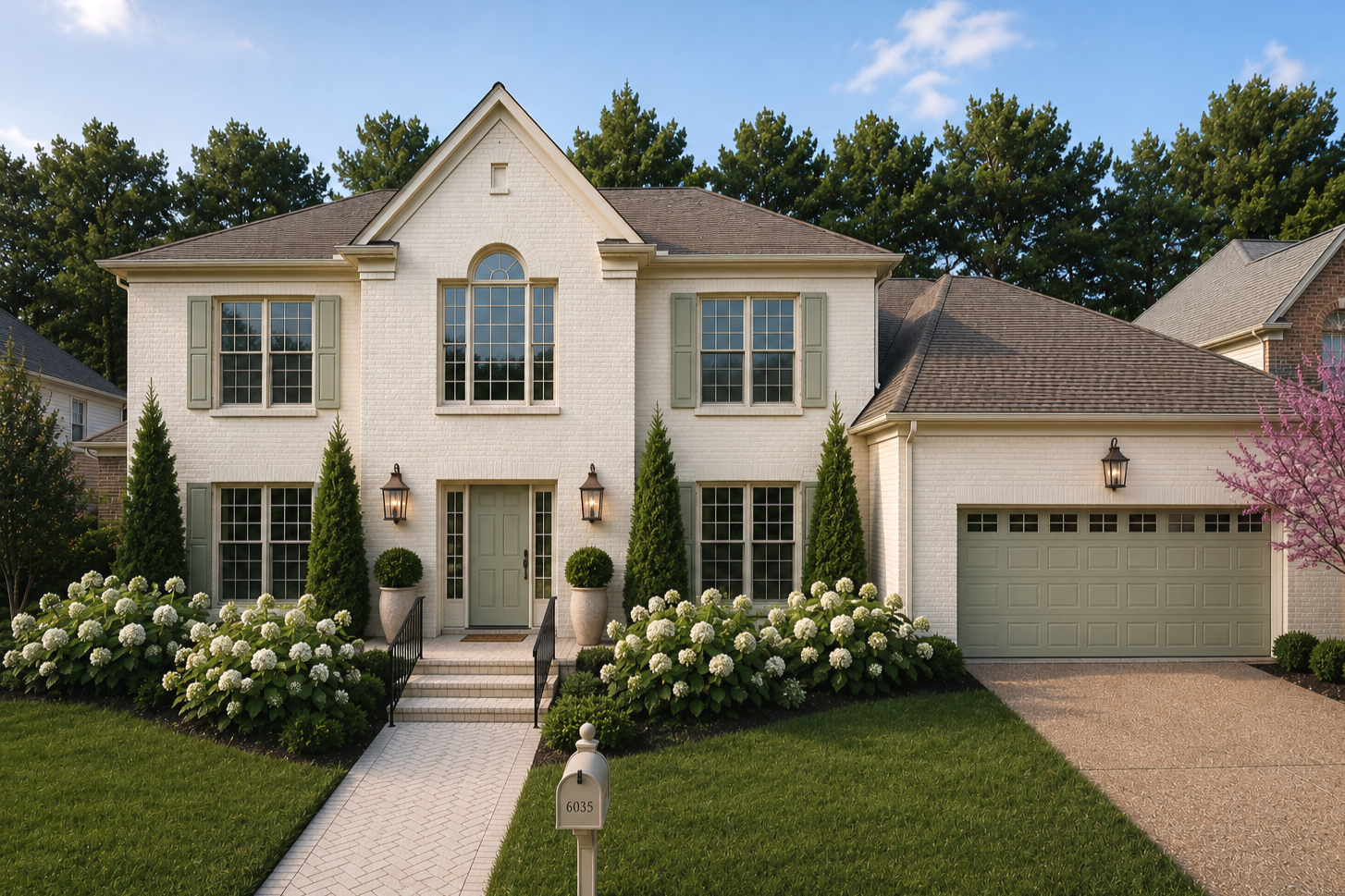 A two-story white brick house with three large windows on the second floor and four on the first, featuring green shutters. The house has a green front door, flanked by two lantern-style lights, and is surrounded by well-maintained landscaping including tall shrubs, flowering bushes, and a paved walkway leading to the front door. There is a two-car garage with a matching green door on the right and a house number 6035 on a mailbox at the front. The sky is blue with some clouds and trees are in the background.
