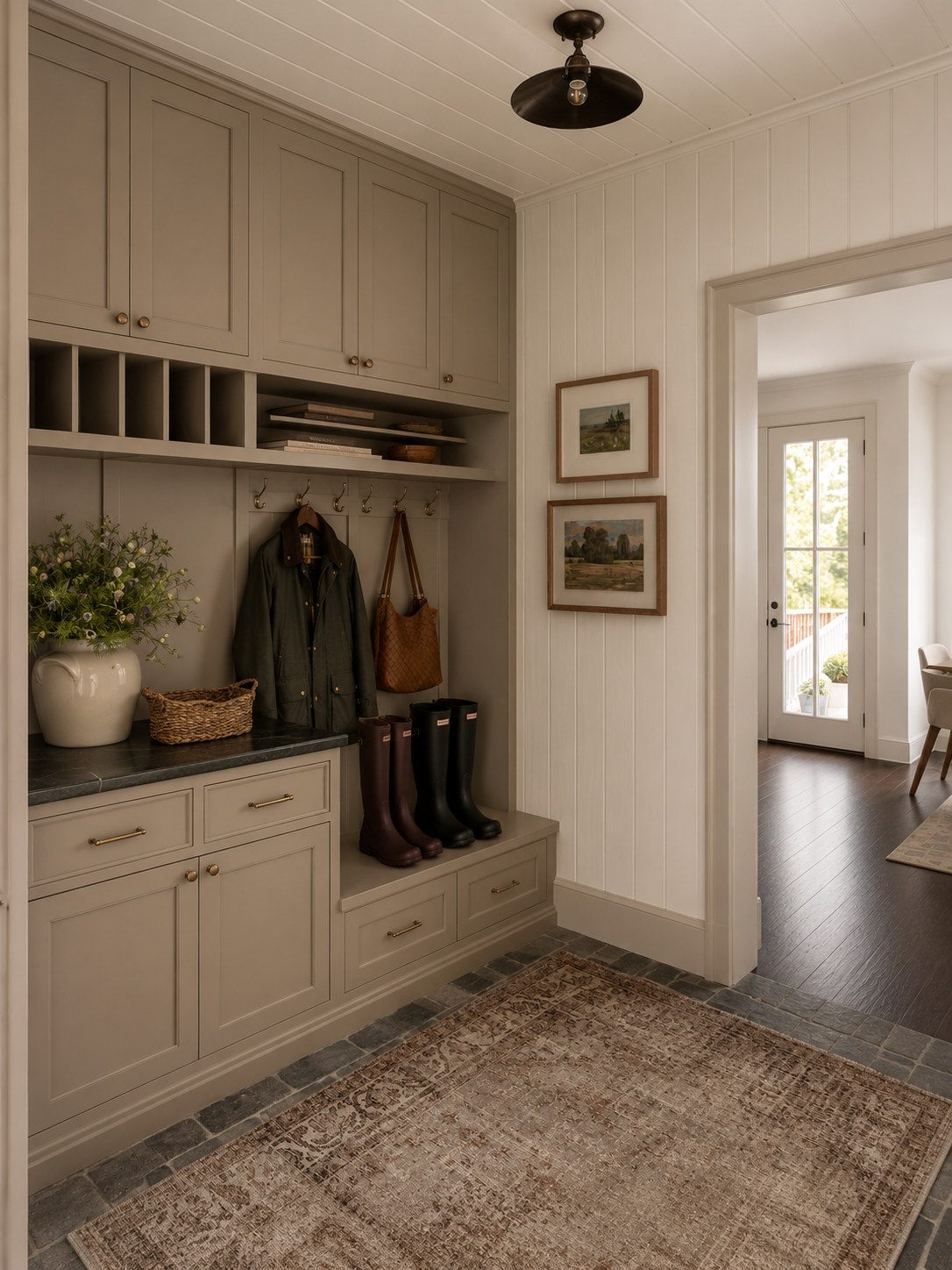Entryway with beige built-in storage, coat hooks, and boots, next to framed landscape paintings and a door leading outside.