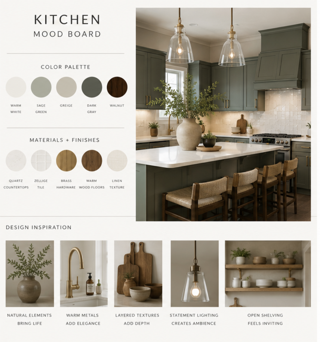 A kitchen with sage green cabinets, white countertops, beige barstools, pendant lights, and decorative elements like plants and wooden accents.