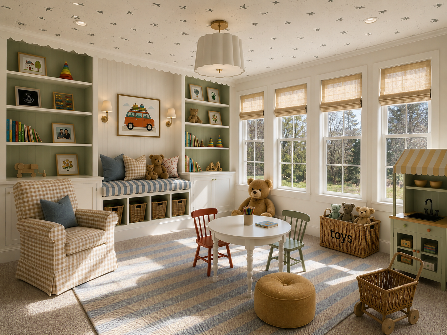 Bright children's playroom with large windows, white walls, and a striped rug. Contains a white round table with colorful chairs, a plush teddy bear, books, and toys. Built-in shelves hold books, toys, and framed pictures. There is a cushioned window bench with teddy bears, a gingham armchair with a pillow, and a wooden toy cart.