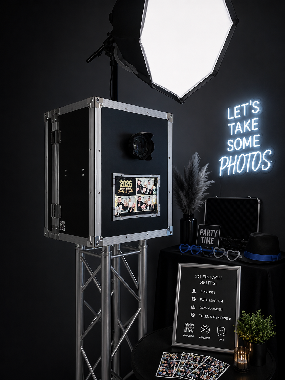 Premium Fotobox von Morasch Eventsolutions mit Studioblitz und Hintergrund für Hochzeiten und Events in Dortmund