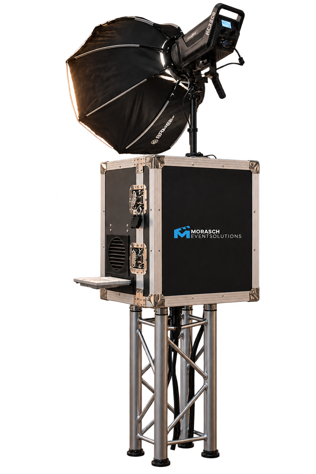 Fotobooth mit Beleuchtung und Schirm, auf stabiler Metalstruktur, mit Logo 'MORASCH EVENT SOLUTIONS' auf schwarzem Kasten
