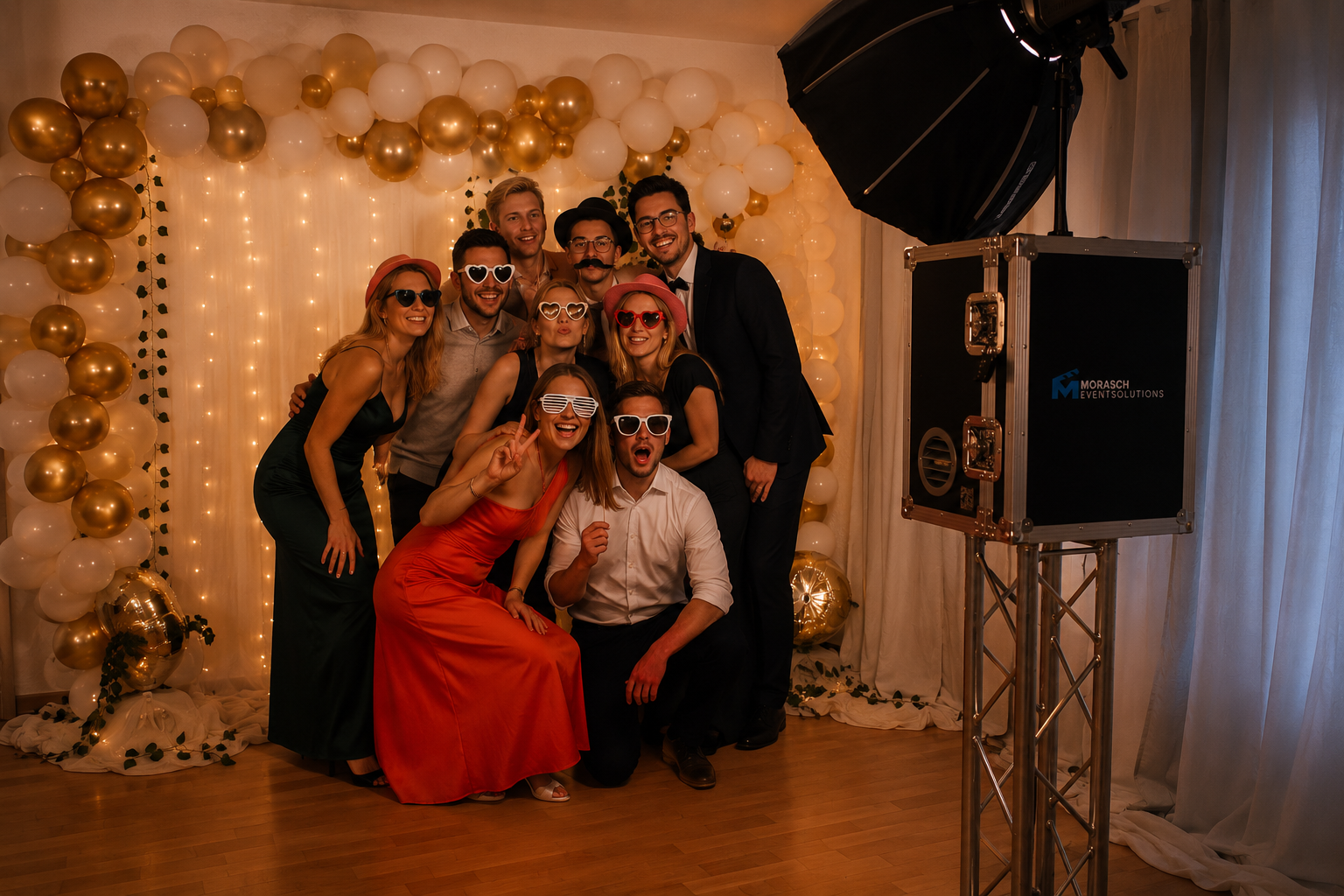 Gruppe von Menschen bei einer Party, alle tragen lustige Sonnenbrillen, vor einem Hintergrund aus weißen und goldenen Ballons und Lichterketten.