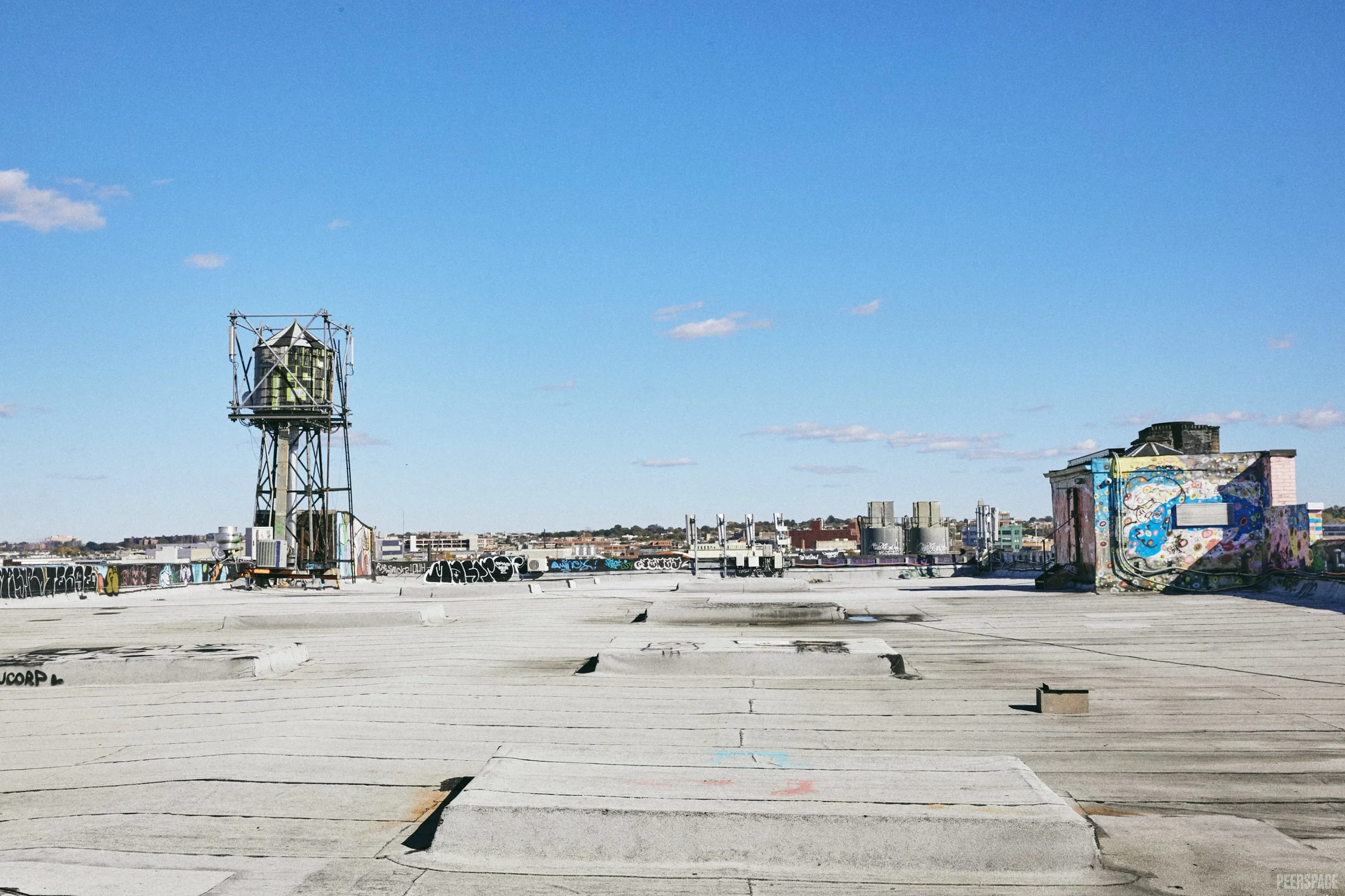 Rooftop in an urban area with graffiti-covered walls, a water tower with a metal framework, and a cityscape in the background under a clear blue sky.