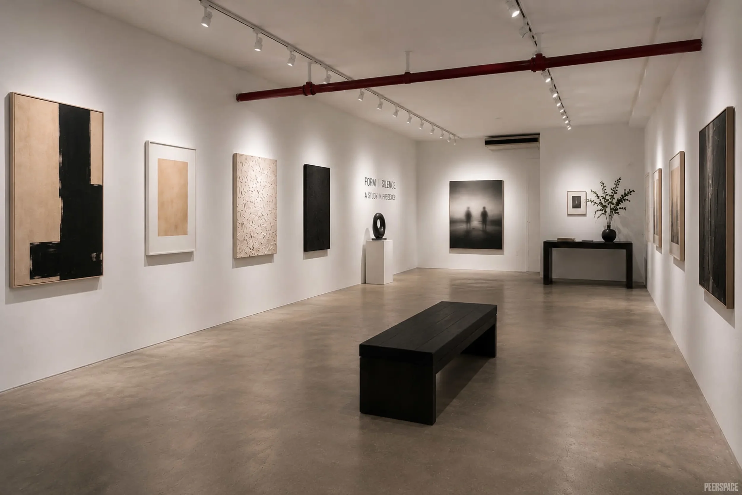 An art gallery with white walls displaying various abstract paintings. The gallery features track lighting on the ceiling and a small black bench in the center of the room. There is a black console table with a vase of plants on the right side of the room. The room has a clean, modern aesthetic with a minimalistic design.