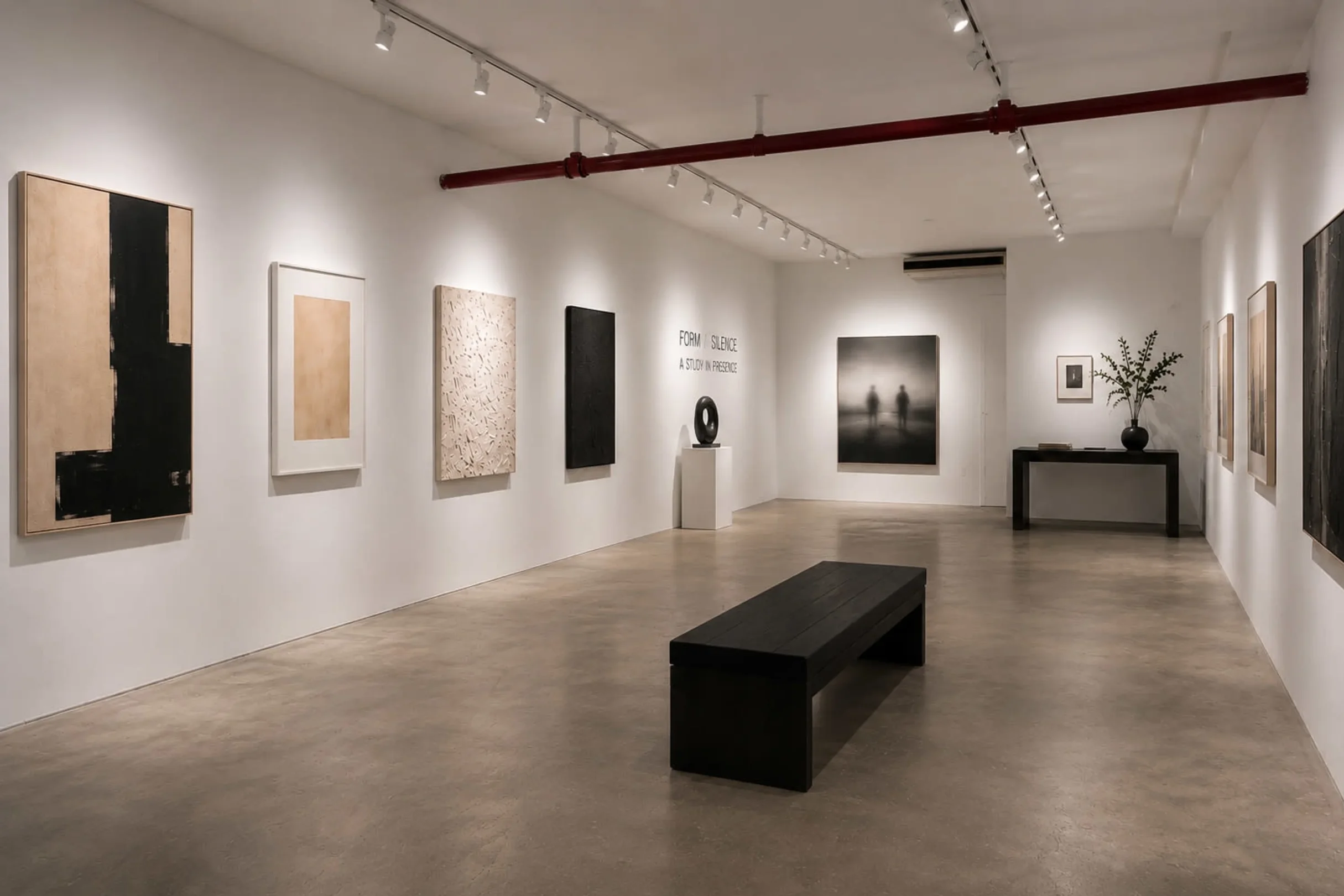 An art gallery with white walls displaying various abstract paintings and a few smaller framed artworks, with a black bench and a table holding a plant in a black vase.