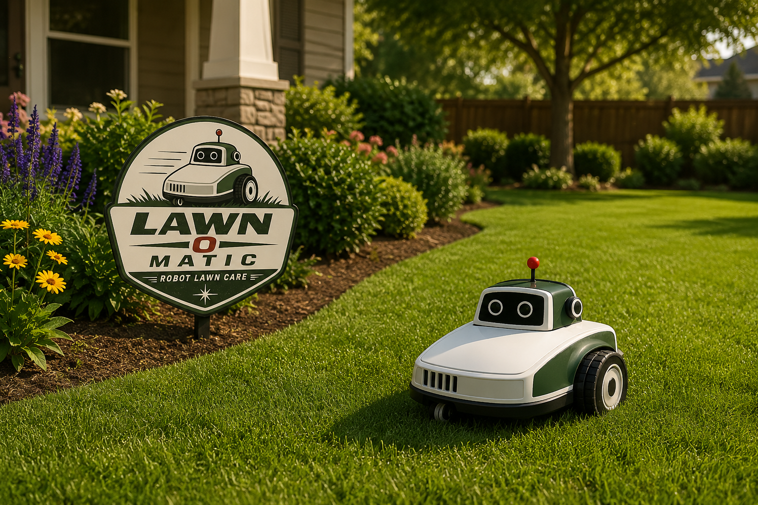A robotic lawn mower on a well-maintained lawn near a Garden O Matic logo sign in a lush garden with flowers and trees.