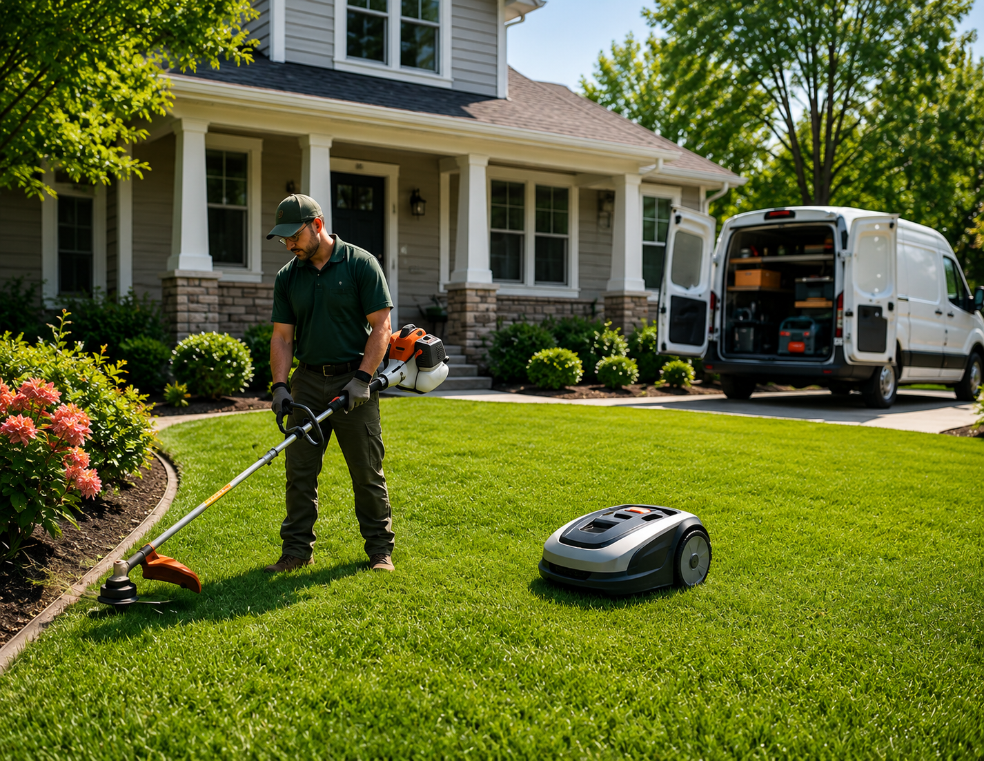 A man is trimming grass with a weed trimmer in the front yard of a house. There is a robotic lawn mower on the grass nearby, and a white work van with its rear doors open, parked on the driveway. The house has a porch with stairs and a garden with green shrubs and pink flowers.