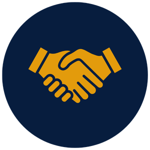 Icon of a handshake inside a dark blue circle