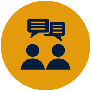 Icon with two speech bubbles above two person silhouettes, representing communication or conversation.