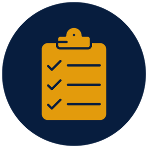 Icon of a yellow clipboard with checkmarks on a dark blue background.