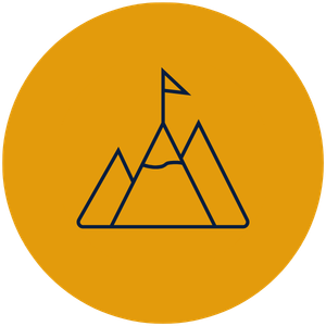 Icon of a mountain with a flag on top, inside a gold circle.
