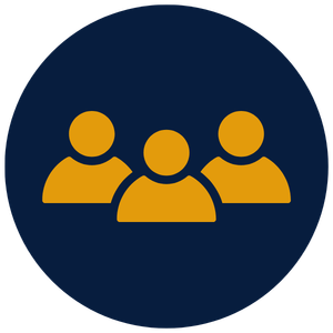 Icon of three people in yellow on a dark blue circular background.