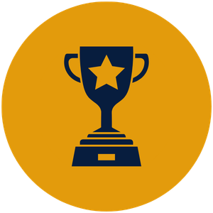 A trophy icon with a star in the center on a gold circular background