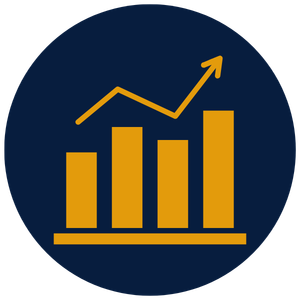 Bar chart with increasing trend and upward arrow on dark background.