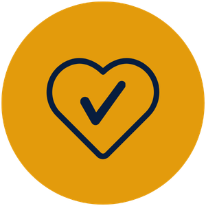 A gold circular badge featuring a navy blue heart with a checkmark inside it.
