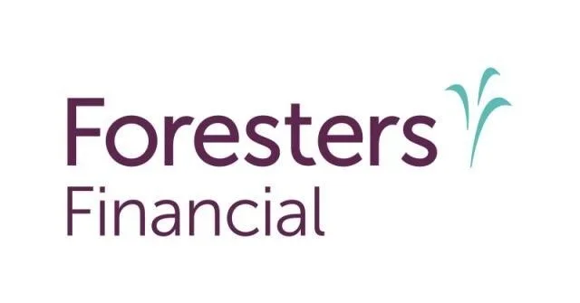 Logo for Foresters Financial featuring purple text and teal plant graphic.