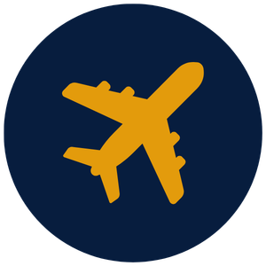 Icon of a yellow airplane inside a dark blue circle