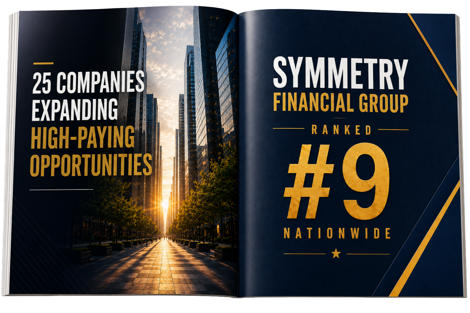 Open magazine or brochure page showing a city street with tall glass buildings at sunrise, featuring text about a financial group rated number 9 nationwide.