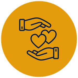 Hands exchanging a heart symbol inside a circle.