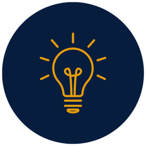 A drawing of a yellow lightbulb with rays on a dark blue circular background.