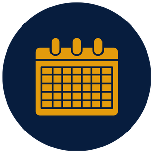 An icon of a calendar with a dark blue background and gold outline.