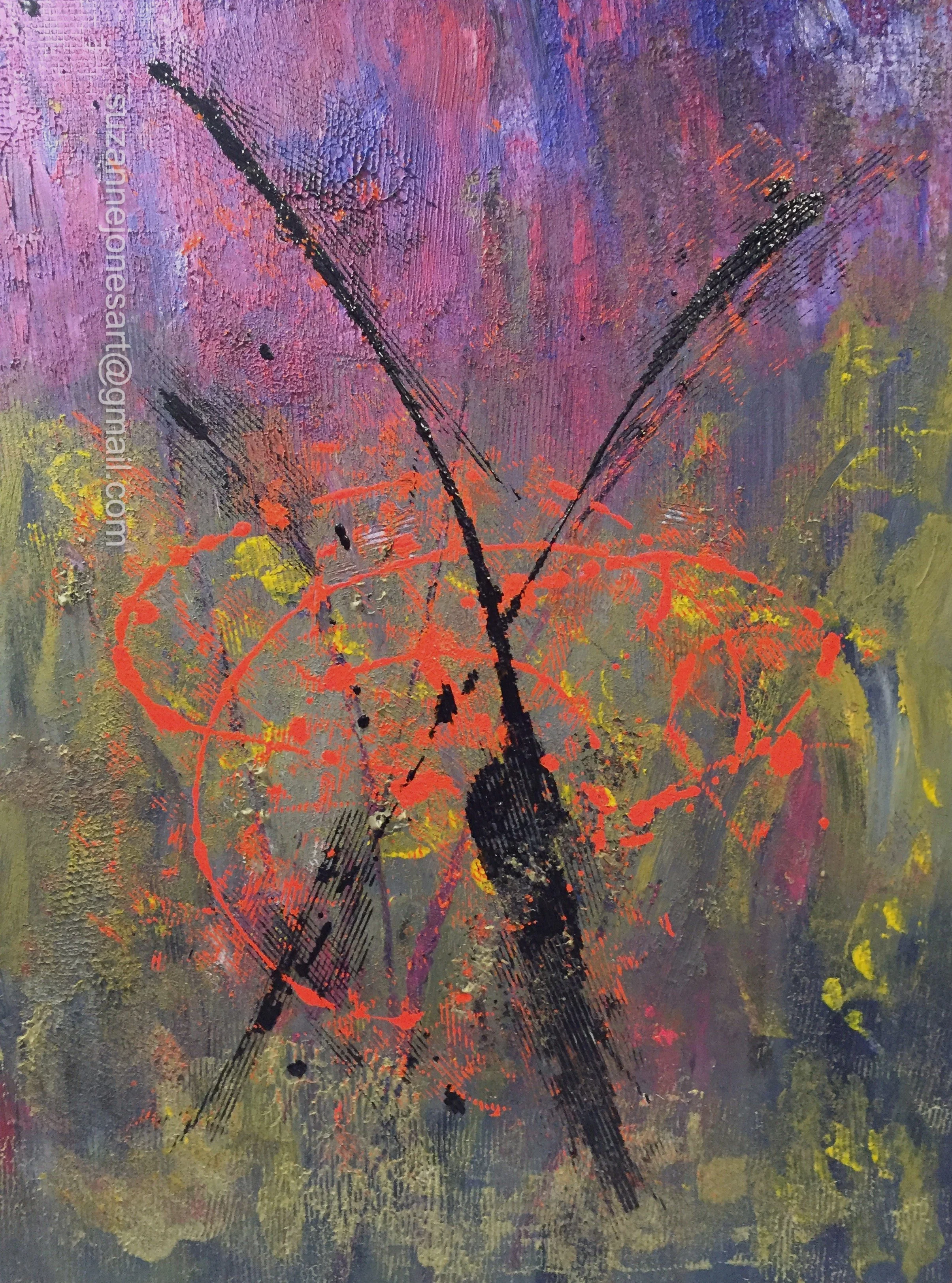 An abstract painting with textured purple, pink, yellow, orange, and green colors, featuring black and orange brushstrokes and splatters.