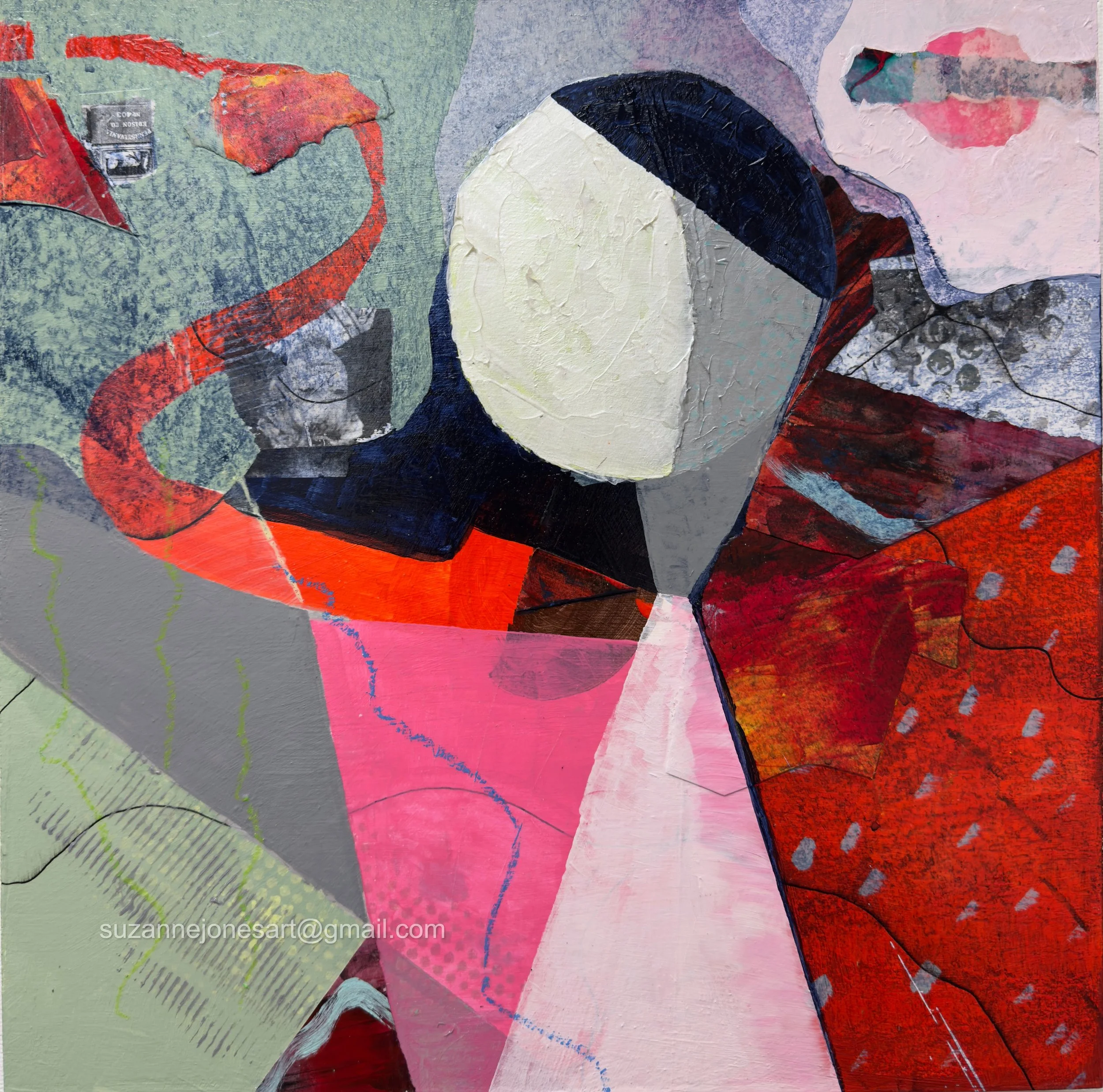 Abstract collage artwork featuring torn paper, textured paint, and overlapping shapes in various colors including red, pink, black, green, and gray.