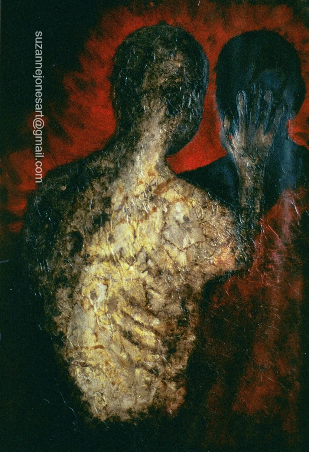 An abstract painting of two human figures with dark hair and skin, set against a red and black background.