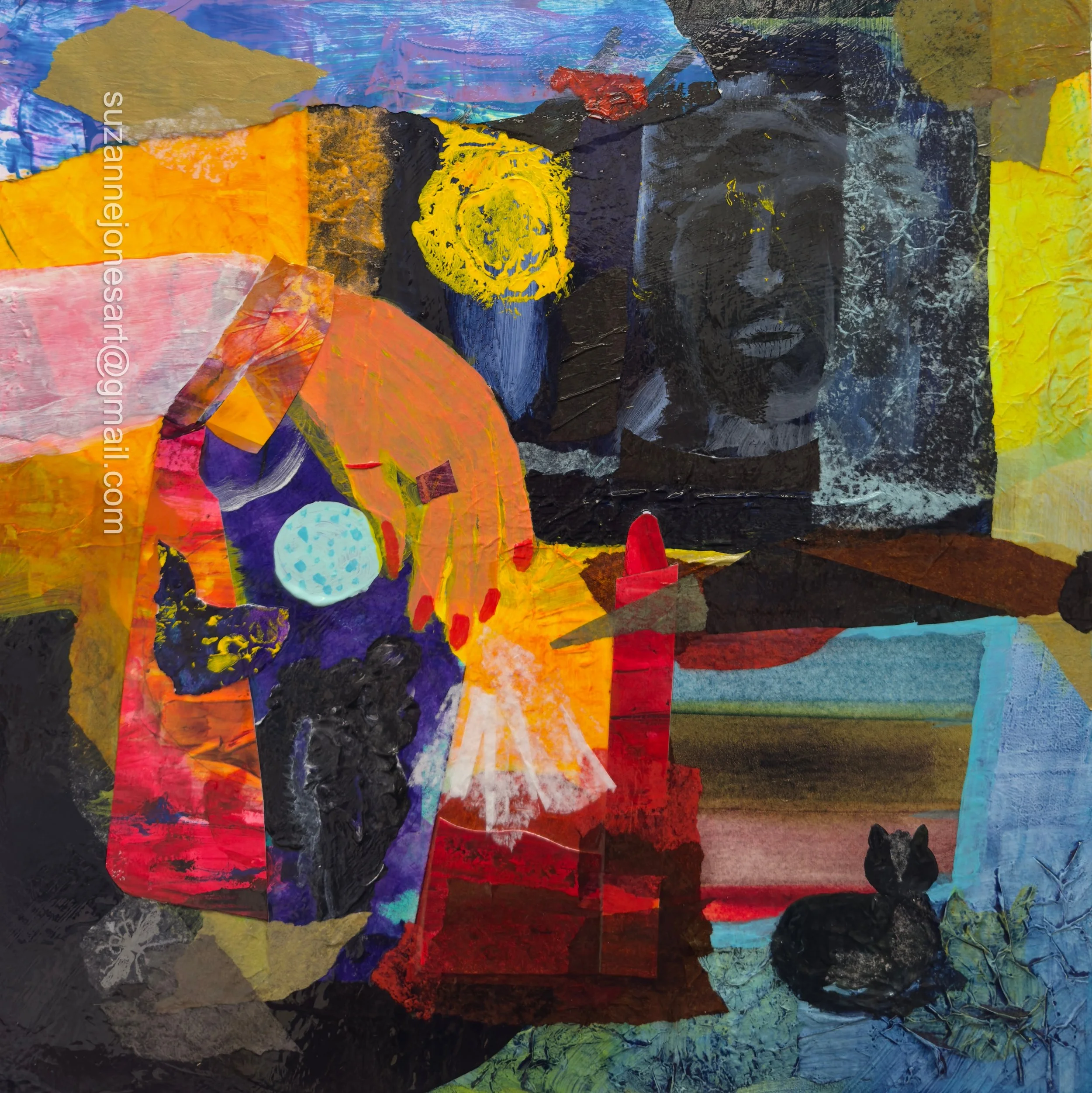A colorful abstract collage with various torn paper pieces in shades of yellow, orange, blue, black, and gray layered together.