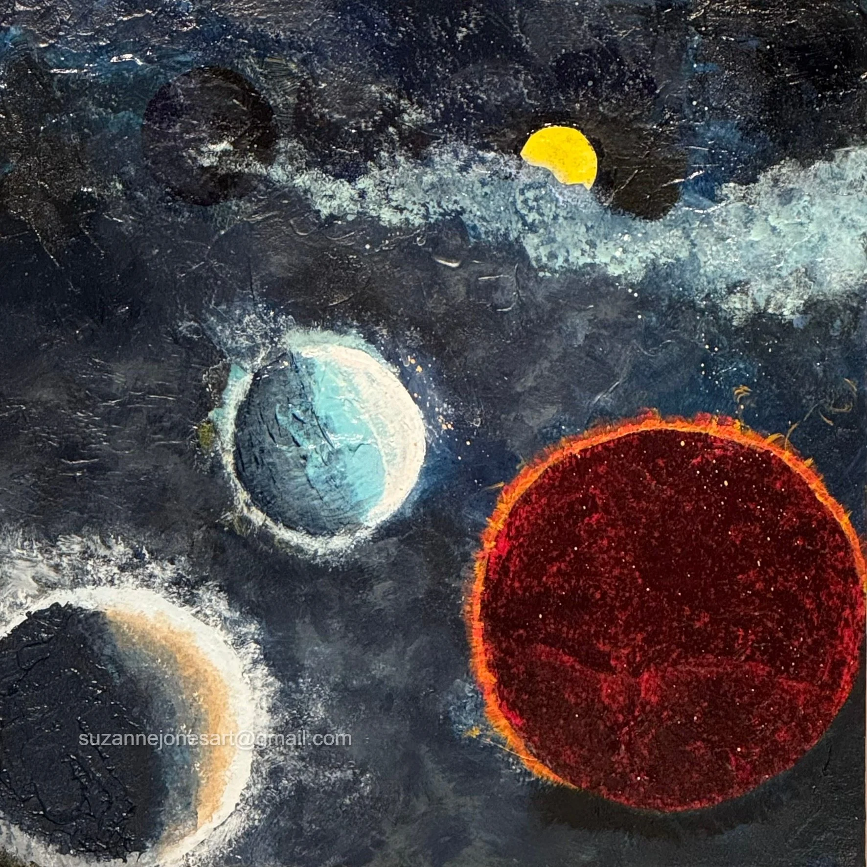 An abstract painting of celestial bodies including a red planet with an orange rim, a pale blue planet, a yellow crescent moon, and black and white textured backgrounds.