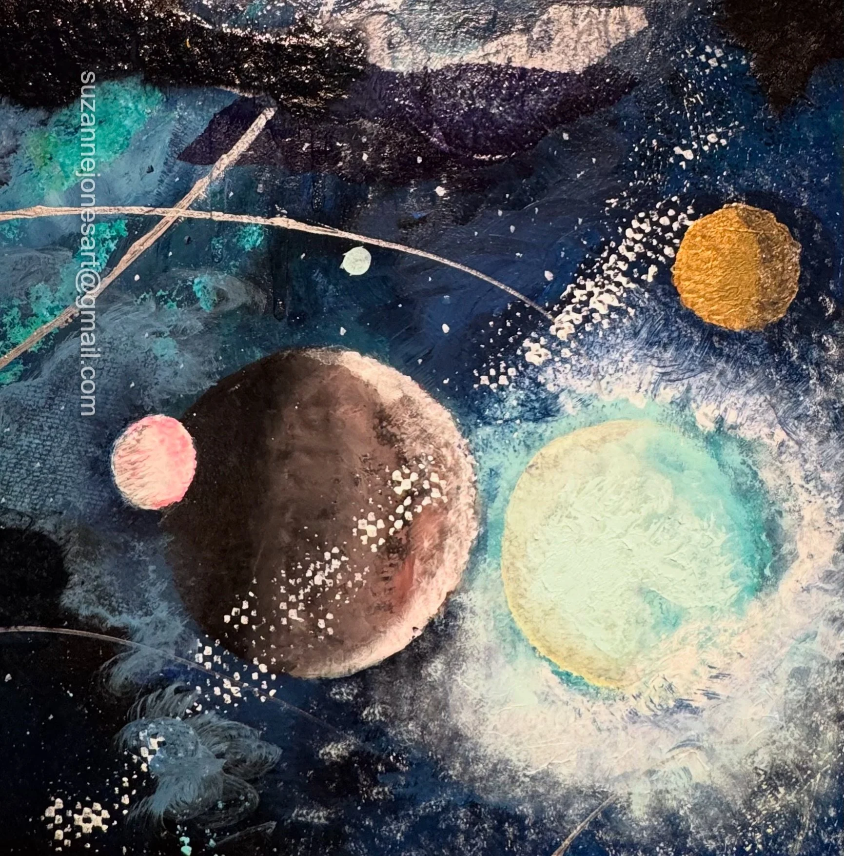 Abstract painting featuring circular shapes in warm colors, various textures, dark blue background, with splatters and layered brushstrokes.