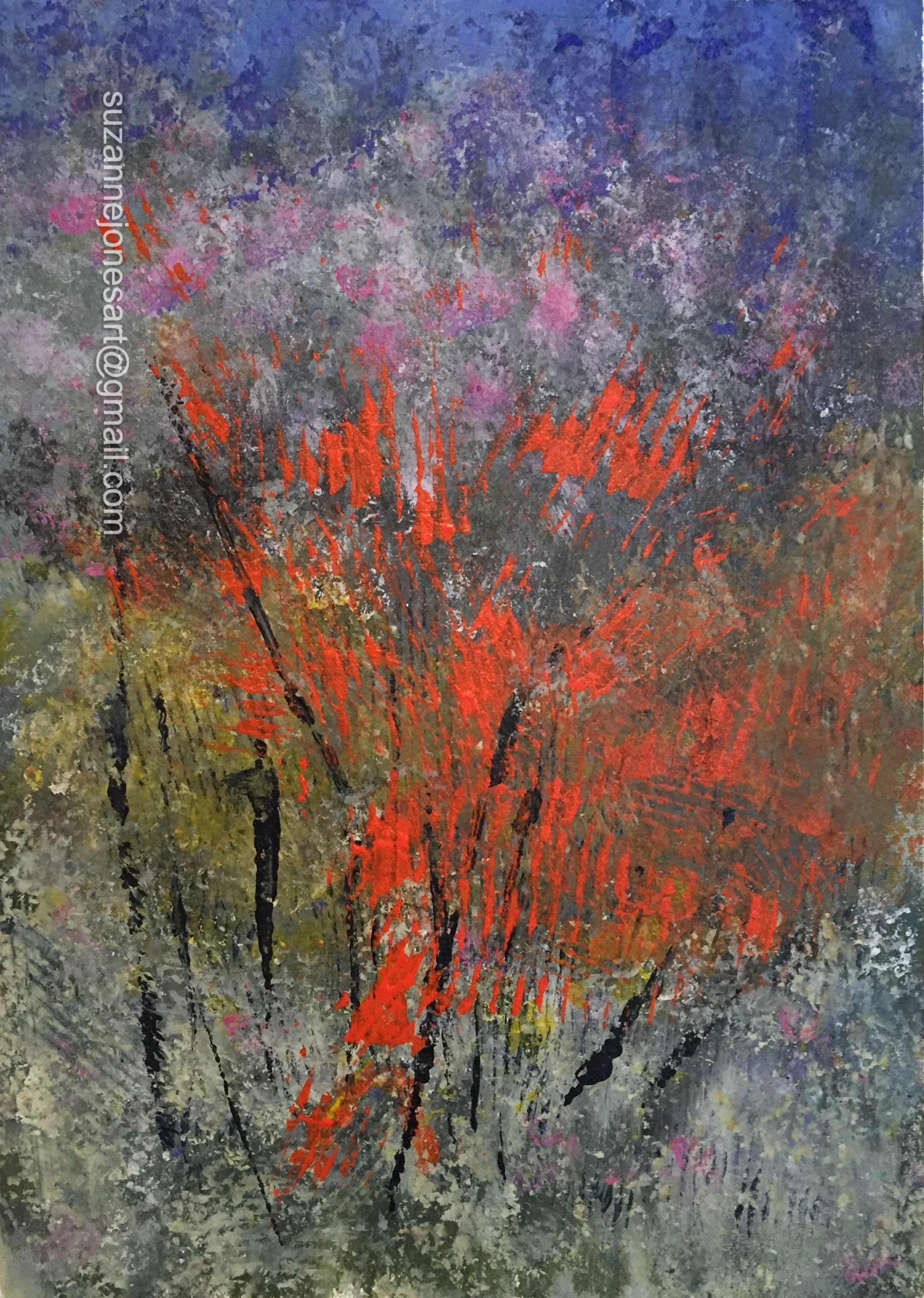 An impressionistic painting of a flowering tree with purple, pink, and red blossoms, set against a textured, gray background.