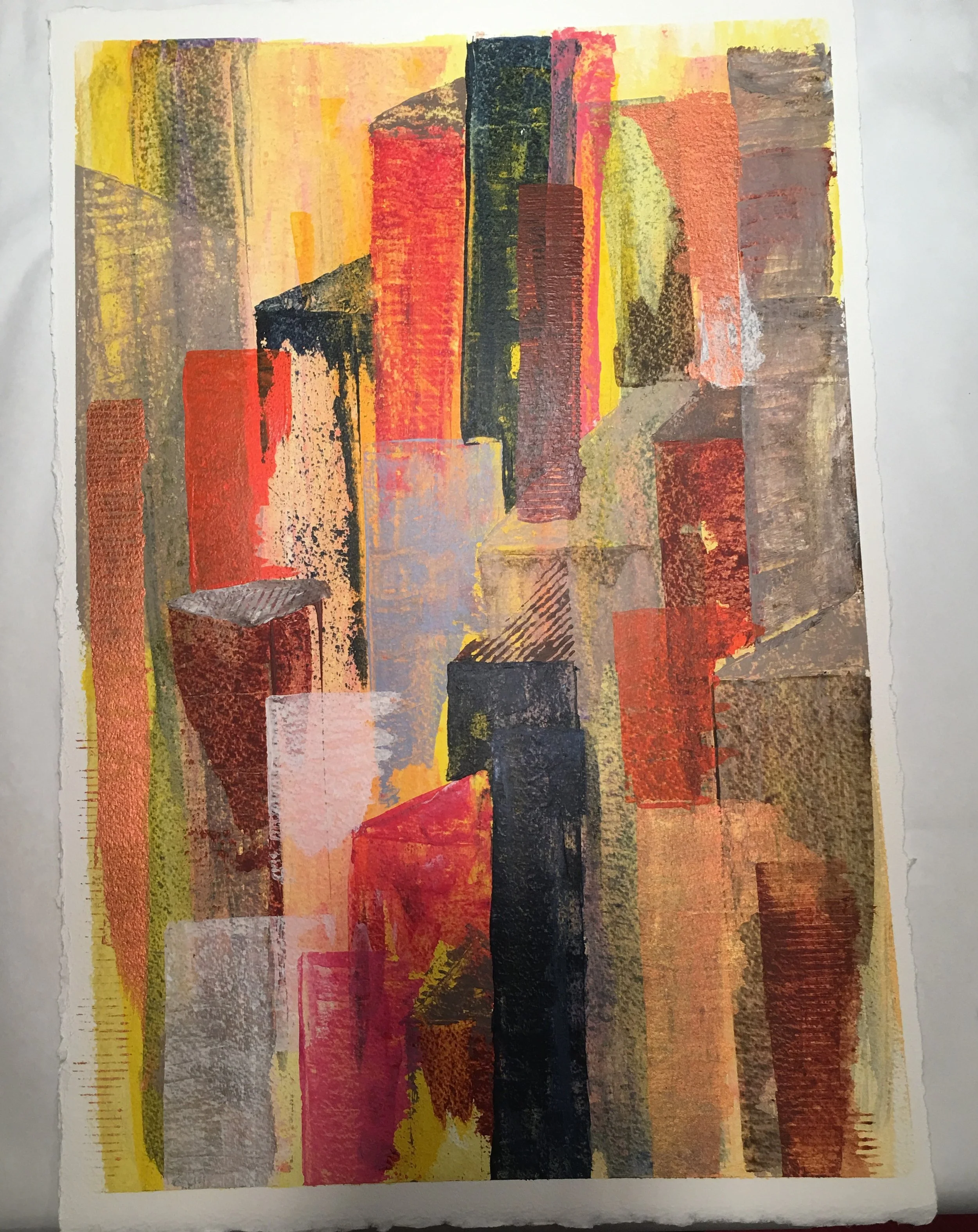 Abstract artwork with horizontal and vertical rectangular blocks in warm colors such as red, orange, yellow, with some darker shades like black and brown, creating a textured, layered visual composition.