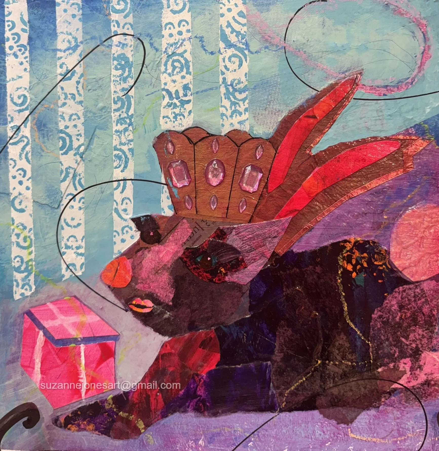 Colorful collage of abstract art with bright pink, red, purple, blue, and black hues, featuring geometric shapes, textured patterns, and intricate line work.