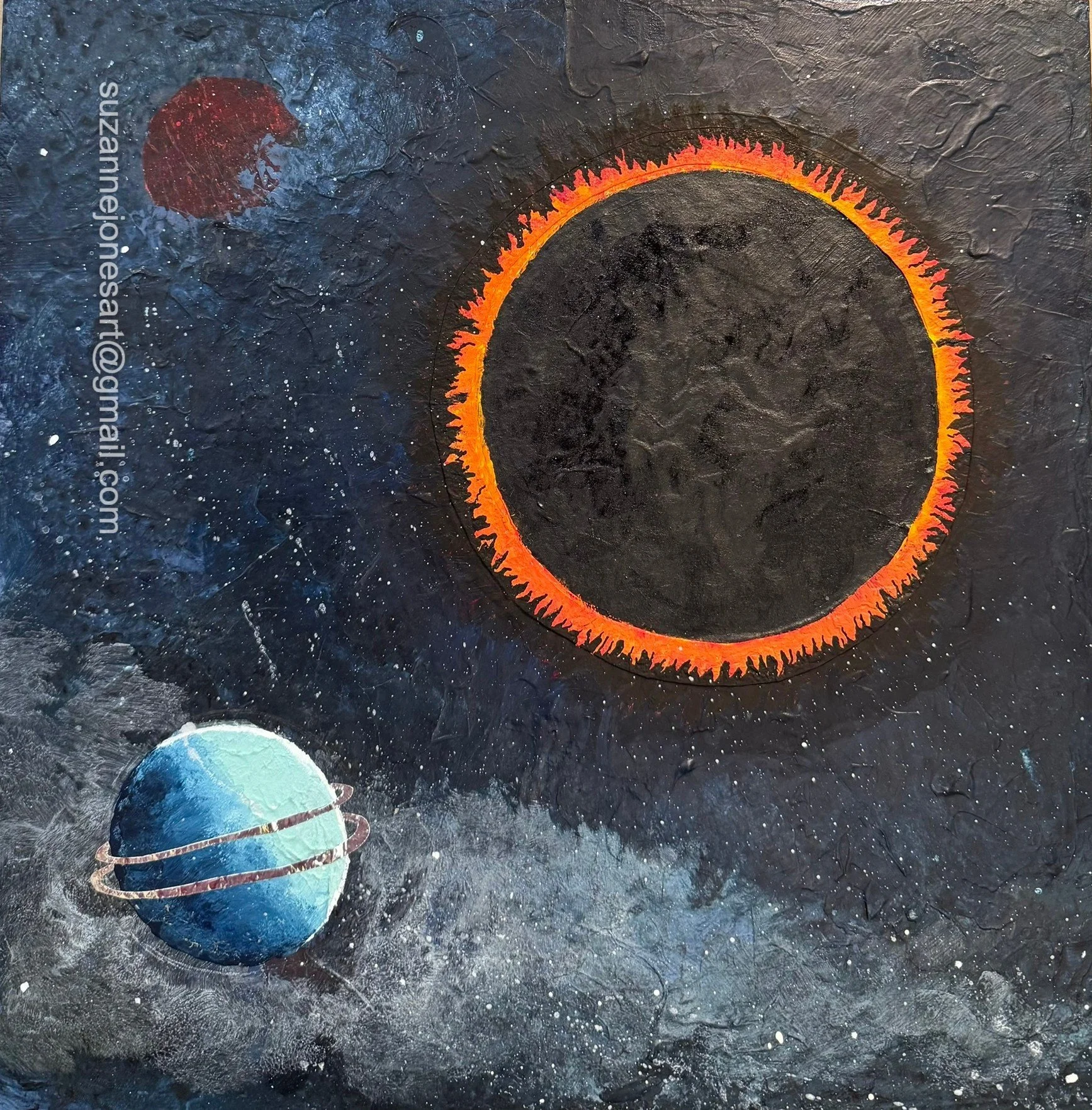 A painting of space featuring a planet with rings, a smaller planet with rings, and a large dark circle, possibly representing a solar eclipse. The background is black with scattered white stars and cosmic dust.