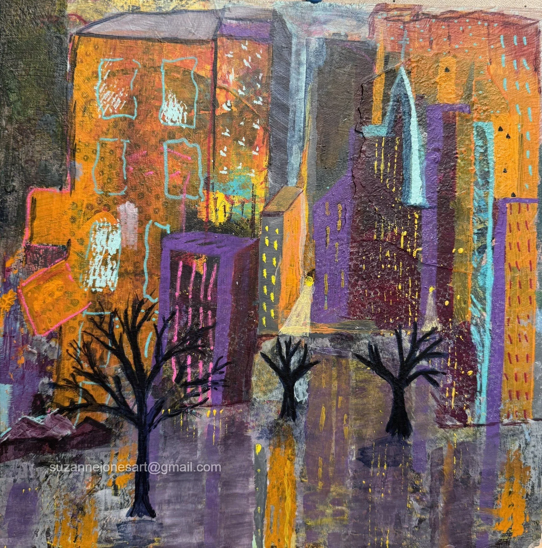 Painting of a cityscape at night with tall buildings in shades of purple and orange, lit windows, silhouettes of bare trees in the foreground, and a textured background with streaks of yellow and blue.