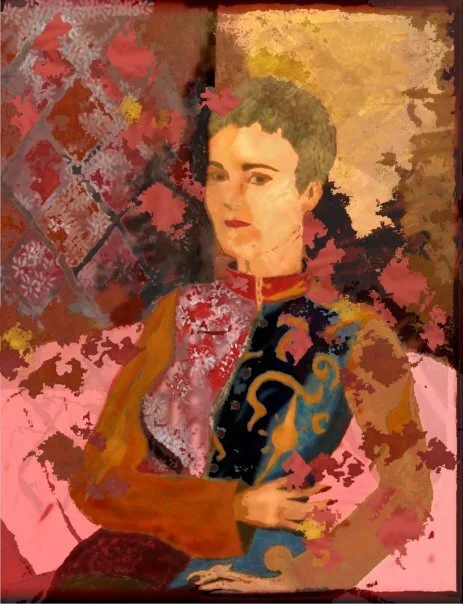 A person with short hair and a colorful jacket sitting on a pink chair against a textured wall with a patterned accent wall.