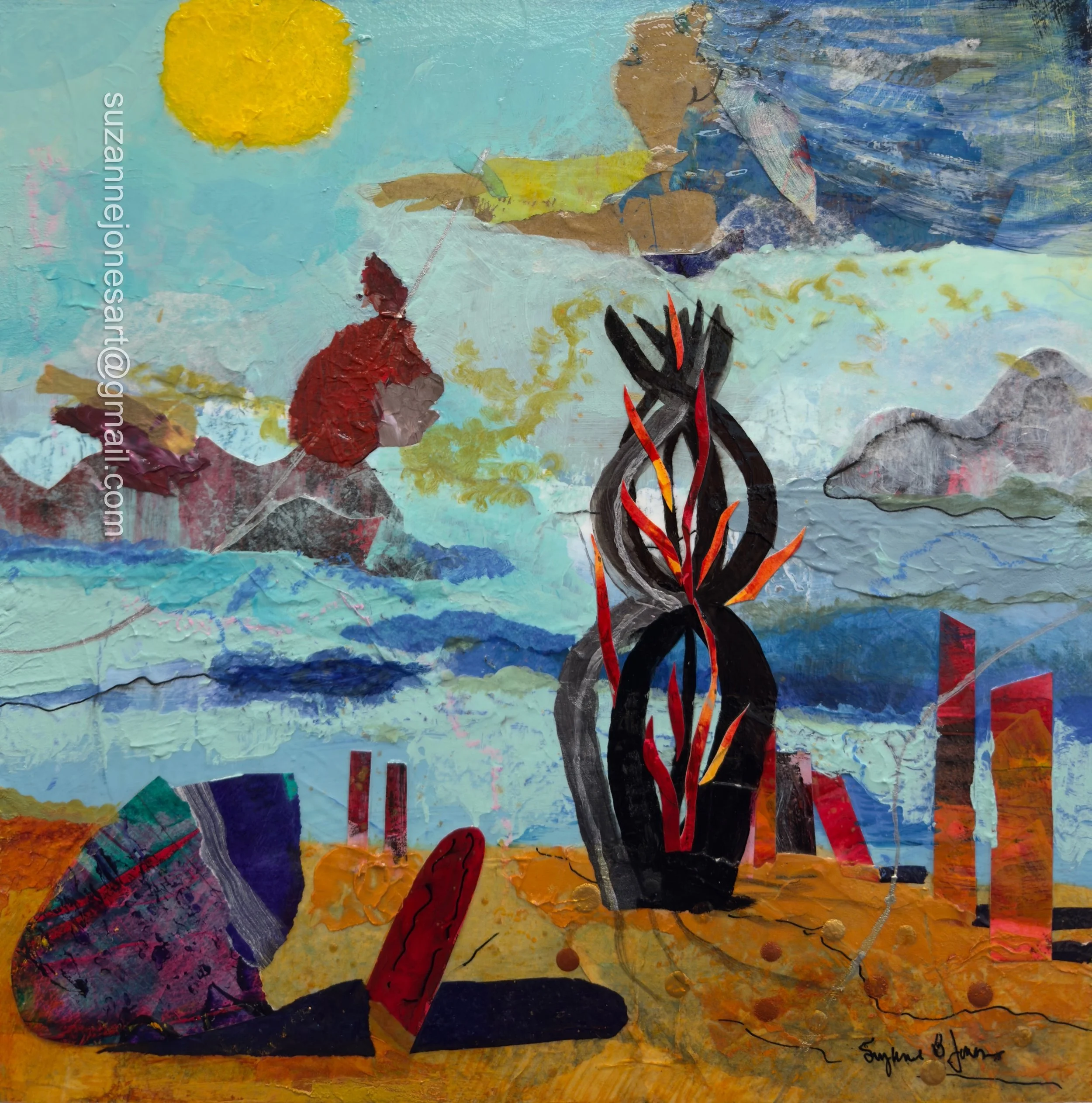 Abstract painting with vibrant colors, including orange, yellow, red, blue, purple, black, and gray, featuring textured and layered brushstrokes. There are prominent black and red shapes in the lower center and a bright yellow circular shape near the top left. The painting is signed in the lower right corner.