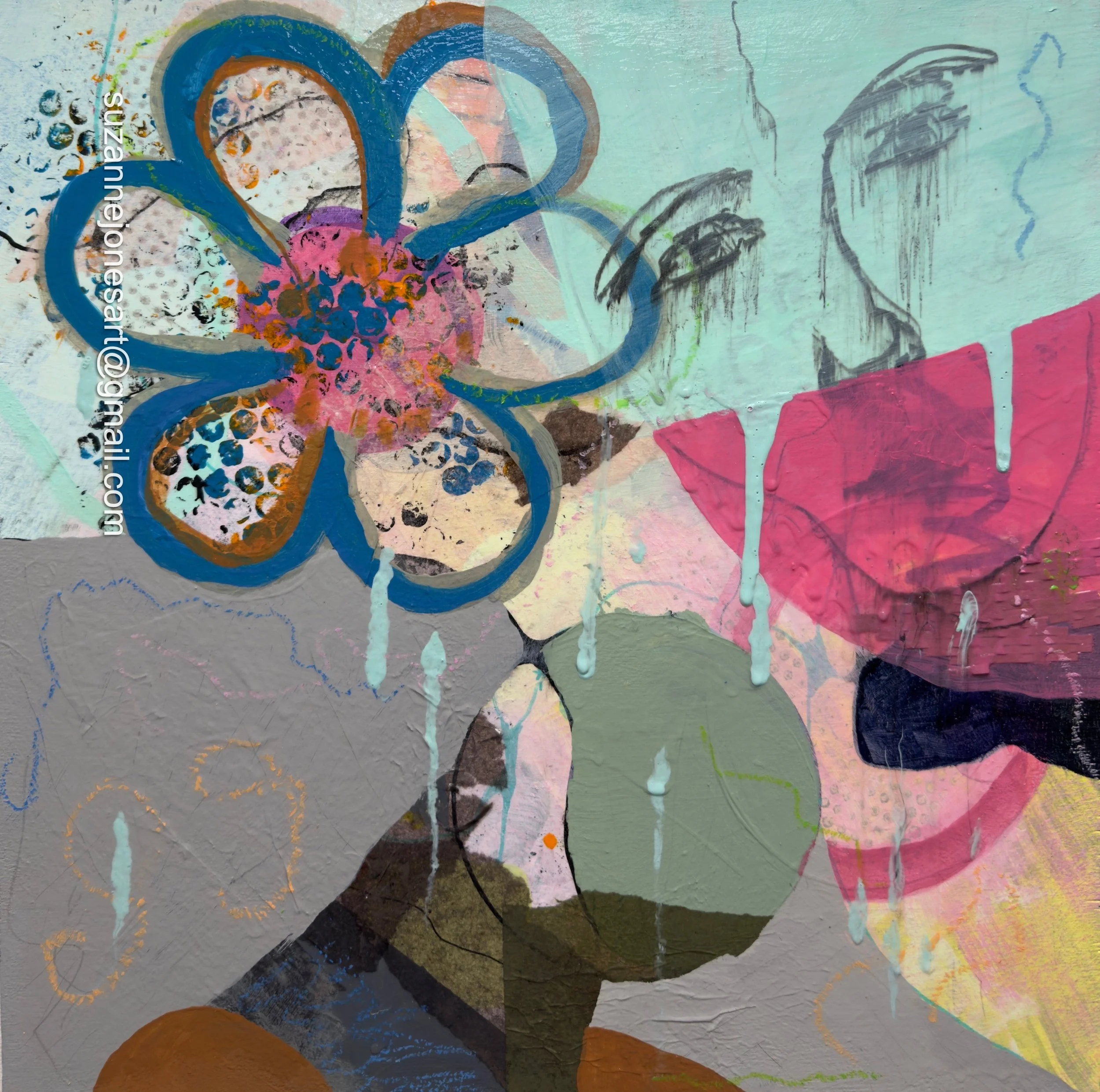 Mixed media abstract art with spray paint, colored markers, and paper collage featuring a pink flower with blue outline, black line drawings of a building, and various textures and colors including pink, brown, black, blue, and green.