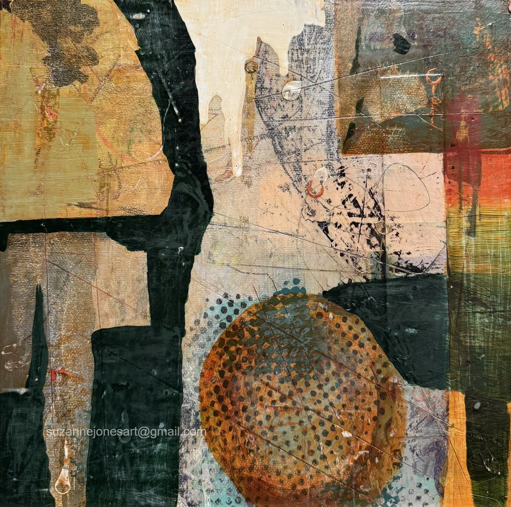 An abstract mixed media artwork featuring a black silhouette of a person's legs and part of their torso against a textured background with earthy tones, geometric patterns, and various lines and marks.