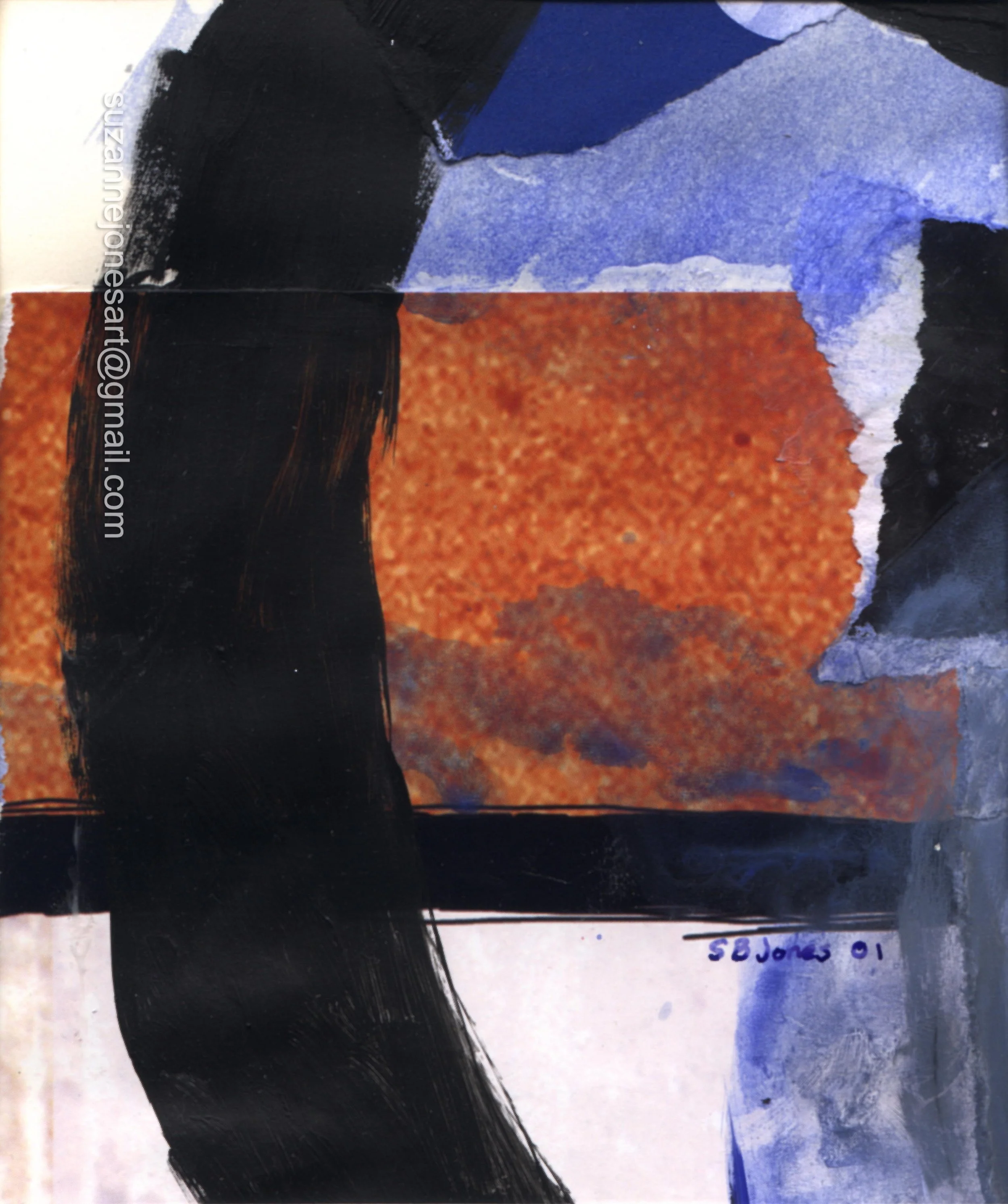 Close-up of abstract artwork with bold black brush strokes, blue and orange textured areas, and handwritten text near the bottom right corner.