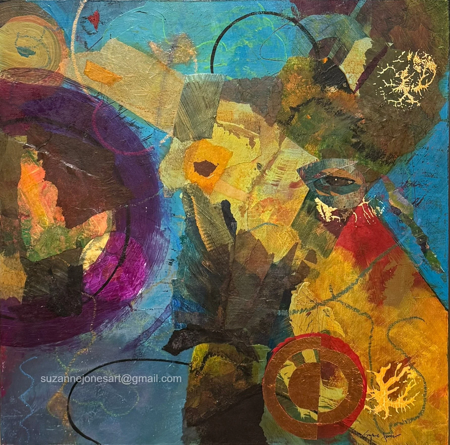collage of tans and greens over blue blackground with fusha circle.